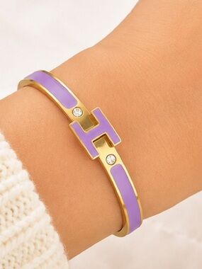 Lavender Enamel H Bangle Gold Tone Crystal Bracelet